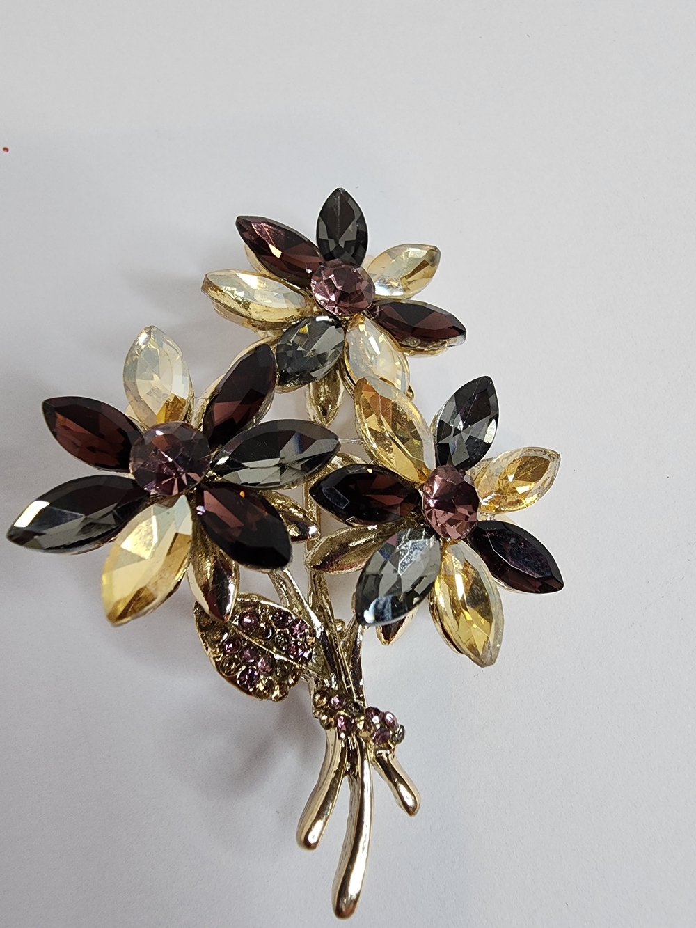 Gold-Tone Floral Brooch in Amethyst, Smoke & Champagne.  NWOT.  2.5" X1.75"